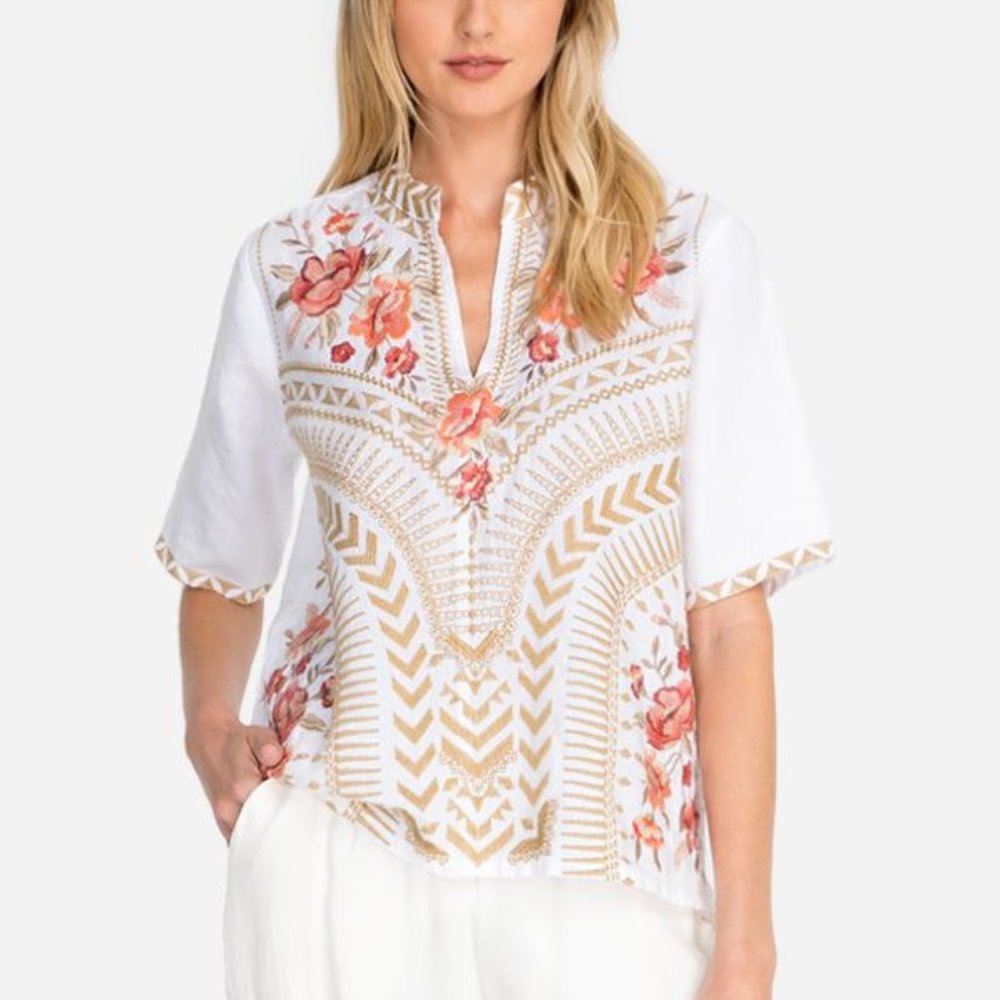 NEW JOHNNY WAS RIANNE TOP WHITE LINEN EMBROIDERED XL